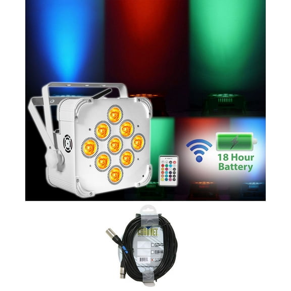 Rockville RGBWA+UV Battery Powered White Wireless Wash Par Light+Chauvet Cable