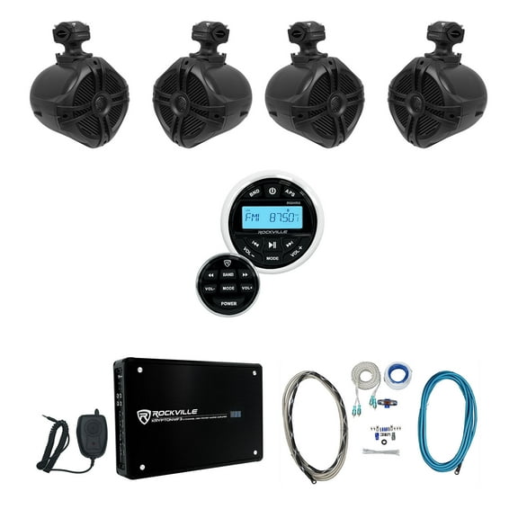 Rockville RGHR2 Marine Bluetooth Receiver+Remote+(4) 6.5" Wakeboards+4-Ch Amp