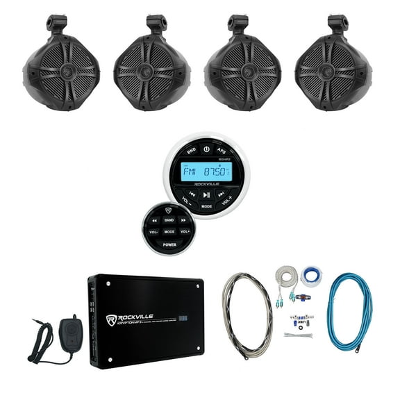 Rockville RGHR2 Marine Bluetooth Receiver+Remote+4) 8" Wakeboards+4-Ch Amplifier