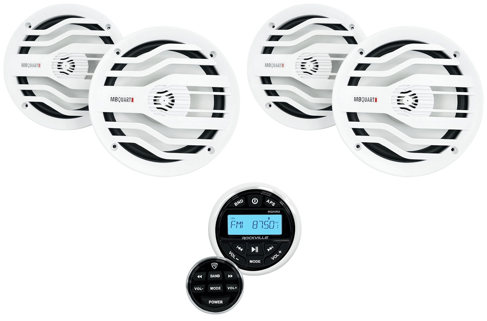 Rockville RGHR2 Marine Gauge Receiver w/Bluetooth+4 White MB Quart 6.5