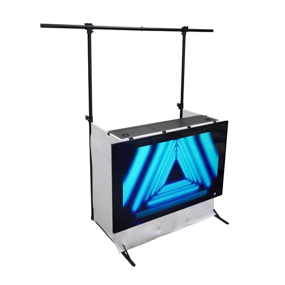 Rockville ROCKBOOTH PRO PACK DJ Booth Table w/ 70" TV Mount, Lighting Truss, Scrims, for Professional DJs and Event Performers