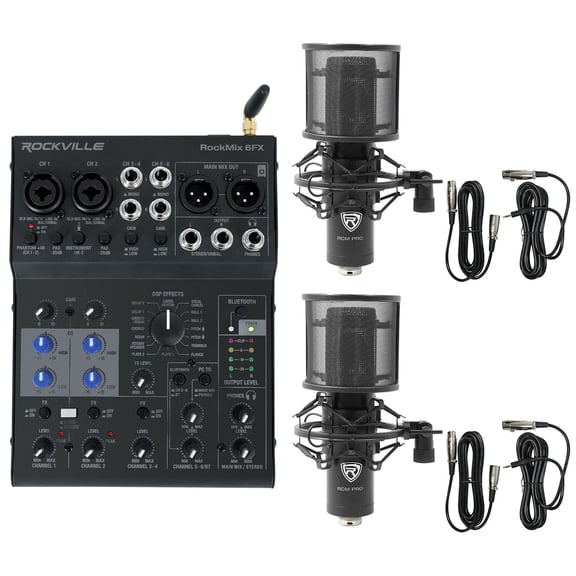 Rockville ROCKMIX 6FX 6 Ch. Mixer Recording Interface+Effects+(2) Condenser Mics