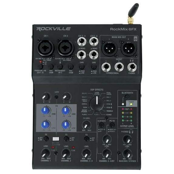Rockville ROCKMIX 6FX 6-Channel Mixer with USB Interface, Bluetooth, 24-Bit FX, Phantom Power, for Podcasting, Home Recording, and Live Sound