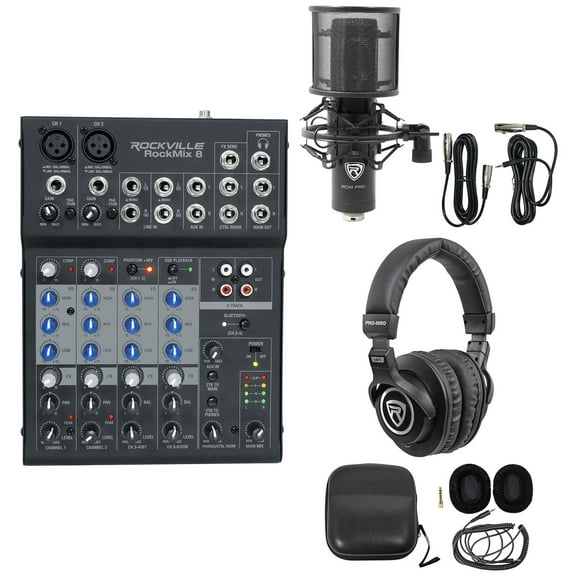 Rockville ROCKMIX 8 Channel USB Mixer w/Compressor/Bluetooth + Mic + Headphones