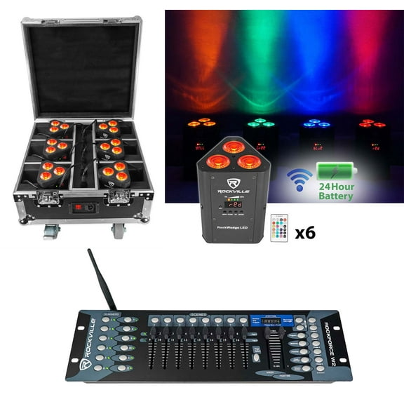 Rockville ROCKWEDGE PACKAGE BLACK 6) Battery Lights+Case+Wireless DMX Controller