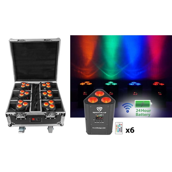 Rockville ROCKWEDGE PACKAGE BLACK (6) Battery Wireless DMX Par Lights, RGBWA+UV, Rechargeable, Charging Case, Remote, 36-Hour Battery, Flicker-Free, for DJs and Event Lighting