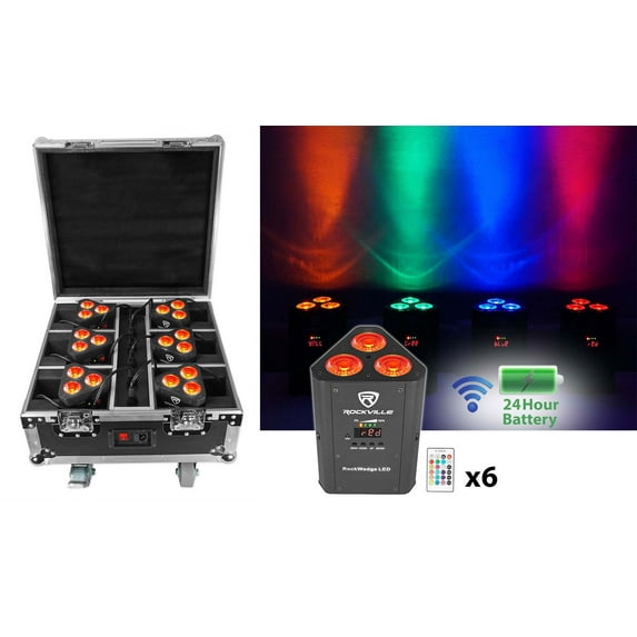 Rockville ROCKWEDGE PACKAGE BLACK (6) Battery Powered Wireless DMX Lights+Case