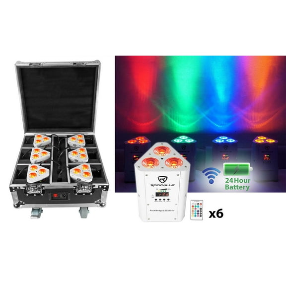 Rockville ROCKWEDGE PACKAGE WHITE (6) Battery Powered Wireless DMX Lights+Case