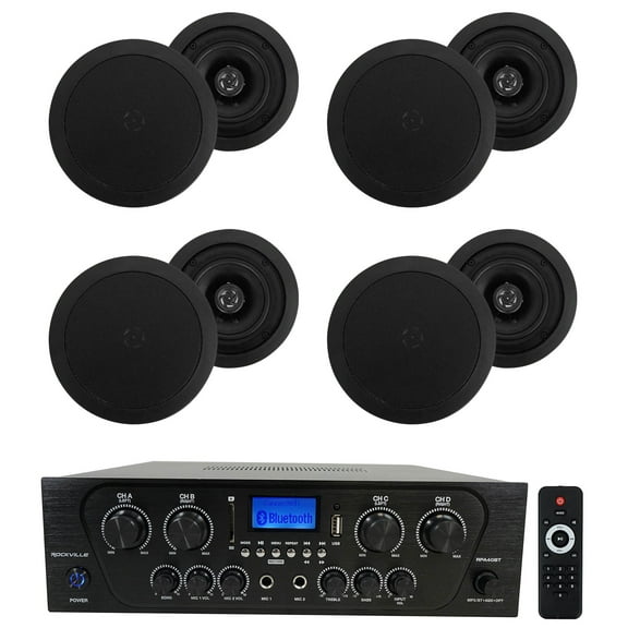Rockville RPA40BT 4-Room/Zone Home Audio Kit w/Receiver+8 Black Ceiling Speakers