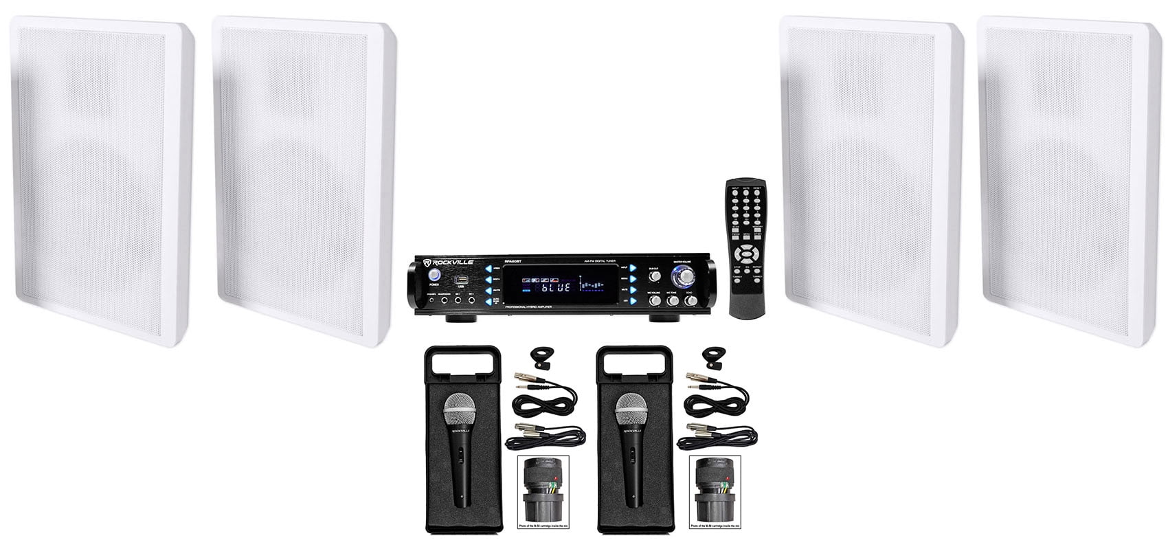 Rockville RPA60BT Bluetooth Karaoke Receiver Amplifier+(4) Wall Speakers+Mics