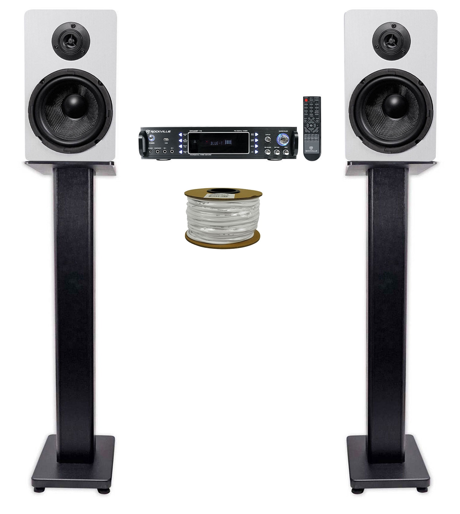 Rockville RPA60BT Bluetooth Receiver+2) 6.5" White Bookshelf Speakers+36" Stands + Rockville R14GSBR100 Red/Blk 14 Gauge 100' Ft. Mini Spool Car Audio Speaker Wire