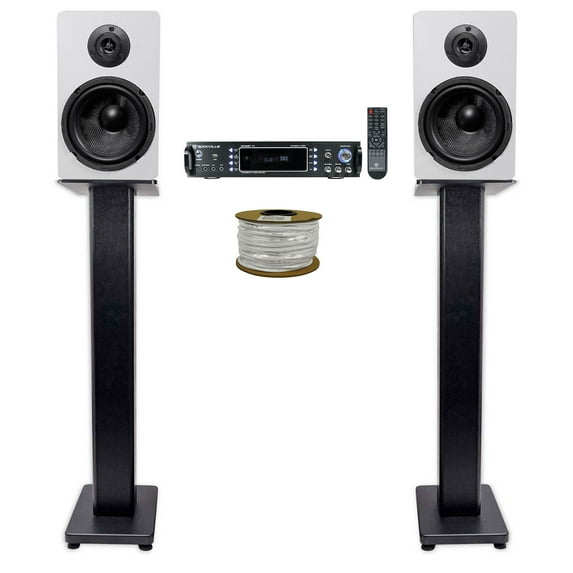 Rockville RPA60BT Bluetooth Receiver+2) 6.5" White Bookshelf Speakers+36" Stands + Rockville R14GSBR100 Red/Blk 14 Gauge 100' Ft. Mini Spool Car Audio Speaker Wire