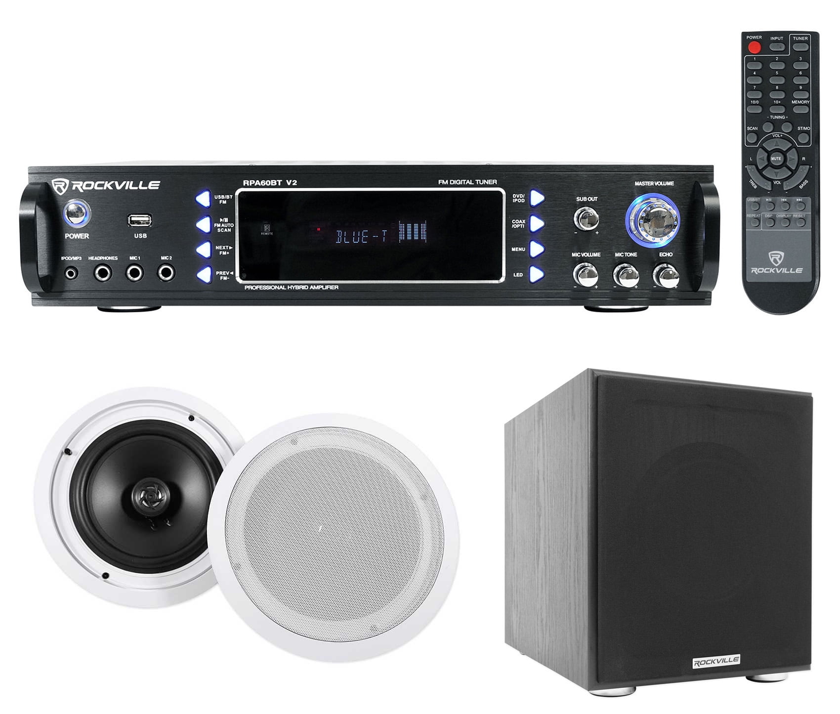 Rockville RPA60BT Home Theater Bluetooth Receiver+(2) 8" In-Ceiling Speakers+Sub