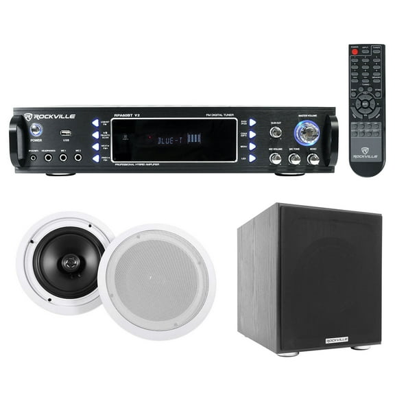 Rockville RPA60BT Home Theater Bluetooth Receiver+(2) 8" In-Ceiling Speakers+Sub