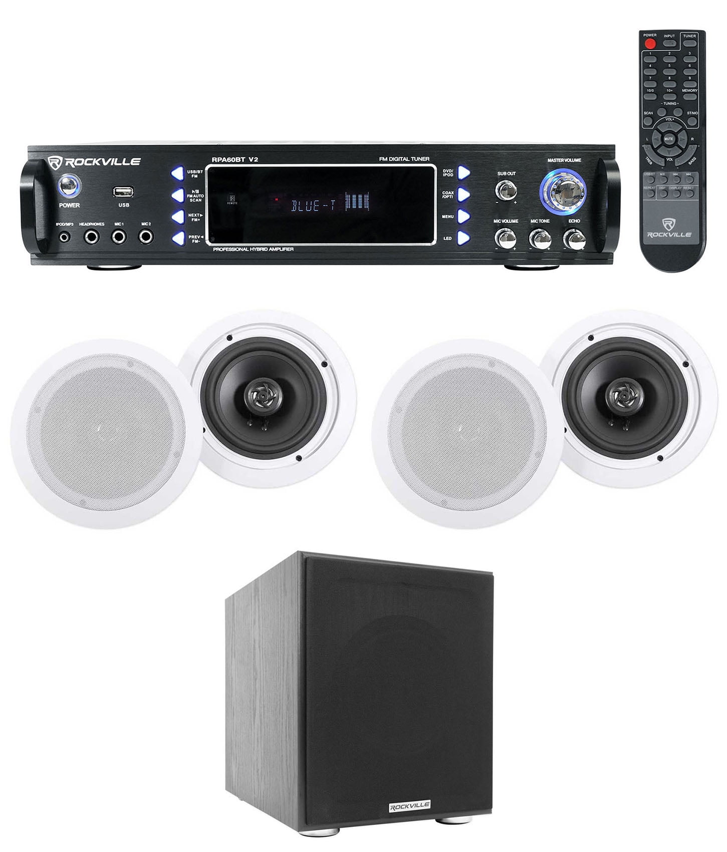 Rockville RPA60BT Home Theater Bluetooth Receiver+ (4) In-Ceiling Speakers+Sub