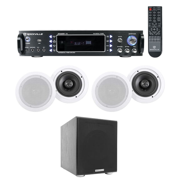 Rockville RPA60BT Home Theater Bluetooth Receiver+ (4) In-Ceiling Speakers+Sub