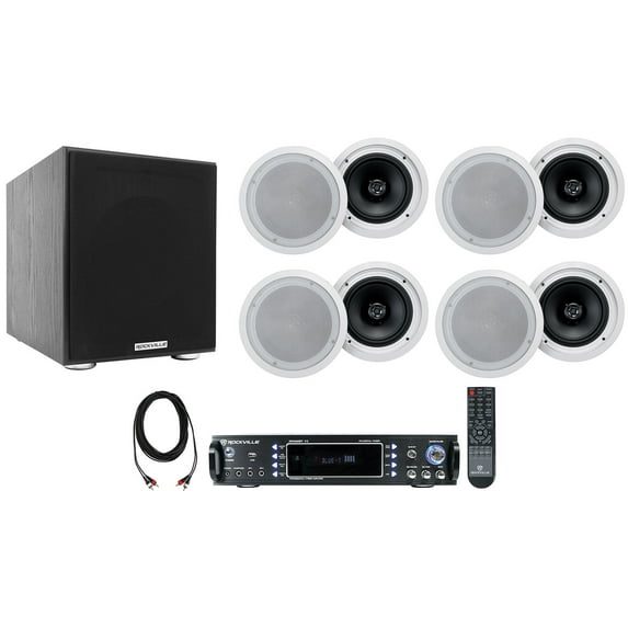 Rockville RPA60BT Home Theater Receiver Amp+(8) 8" White Ceiling Speakers+Sub