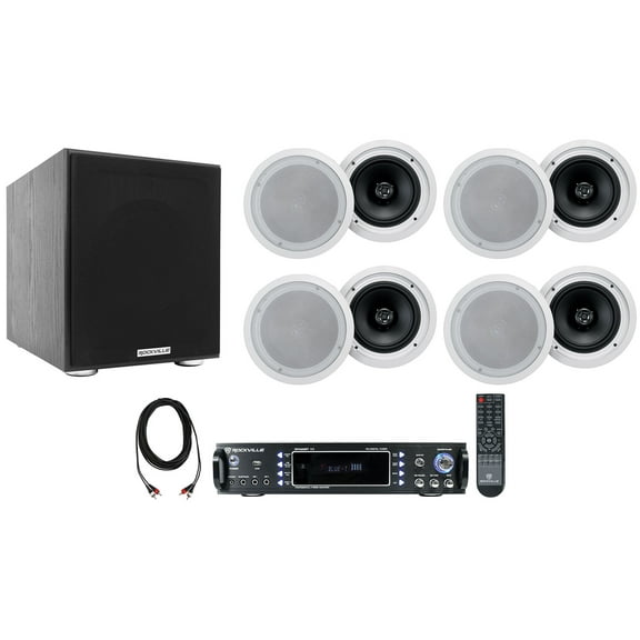 Rockville RPA60BT Home Theater Receiver Amp+(8) 8" White Ceiling Speakers+Sub