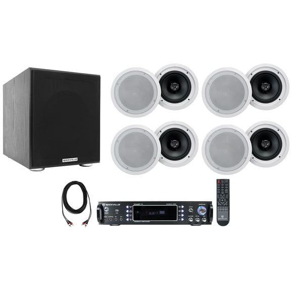 Rockville RPA60BT Home Theater Receiver Amp+(8) 8" White Ceiling Speakers+Sub