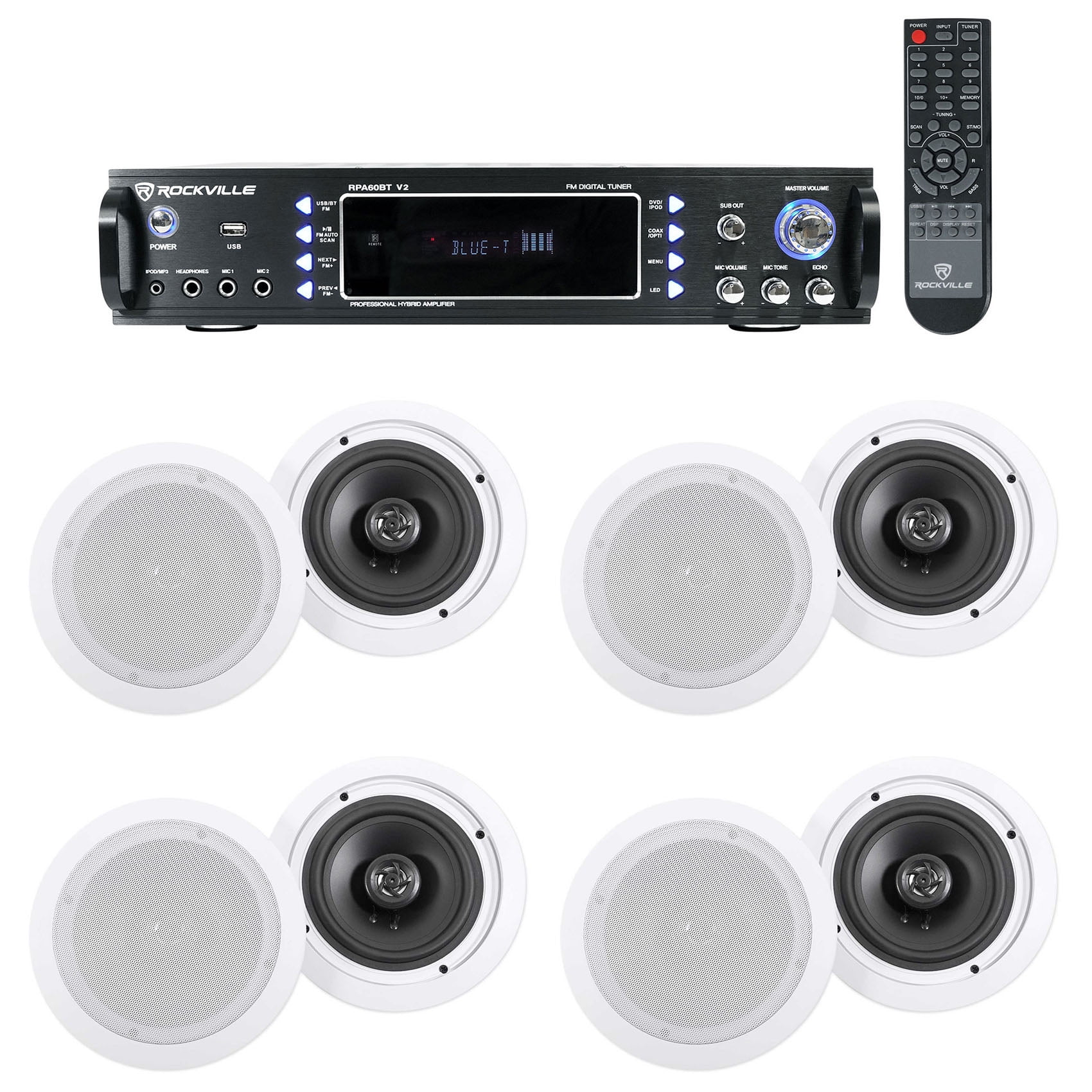 Rockville RPA60BT Home Theater Receiver Amplifier+8) 6.5" White Ceiling Speakers
