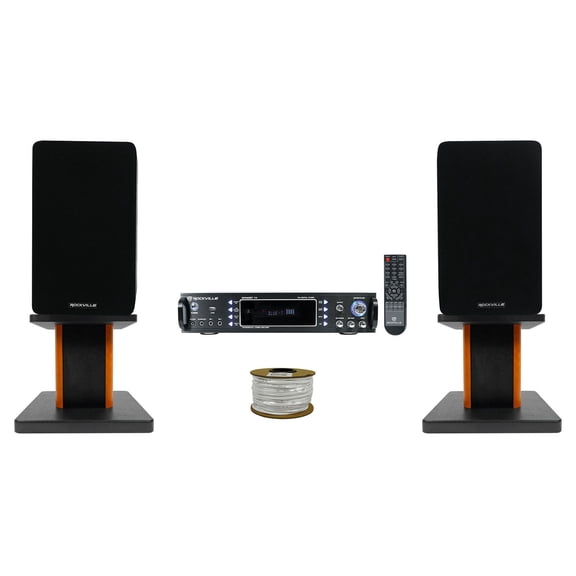 Rockville RPA60BT Receiver+(2) 5.25" Black Bookshelf Speakers+8" Wood Stands + Rockville R14GSBR100 Red/Blk 14 Gauge 100' Ft. Mini Spool Car Audio Speaker Wire