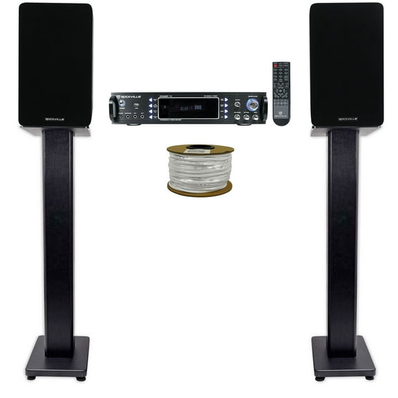 Rockville RPA60BT Receiver+(2) 5.25" Black Bookshelf Speakers+Black 36" Stands + Rockville R14GSBR100 Red/Blk 14 Gauge 100' Ft. Mini Spool Car Audio Speaker Wire