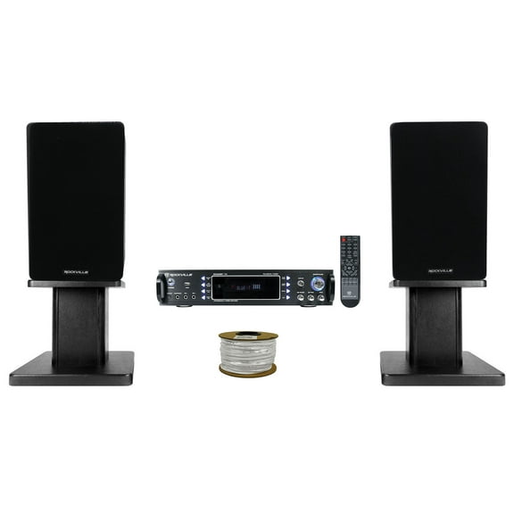 Rockville RPA60BT Receiver+(2) 5.25" Black Bookshelf Speakers+Black 8" Stands + Rockville R14GSBR100 Red/Blk 14 Gauge 100' Ft. Mini Spool Car Audio Speaker Wire