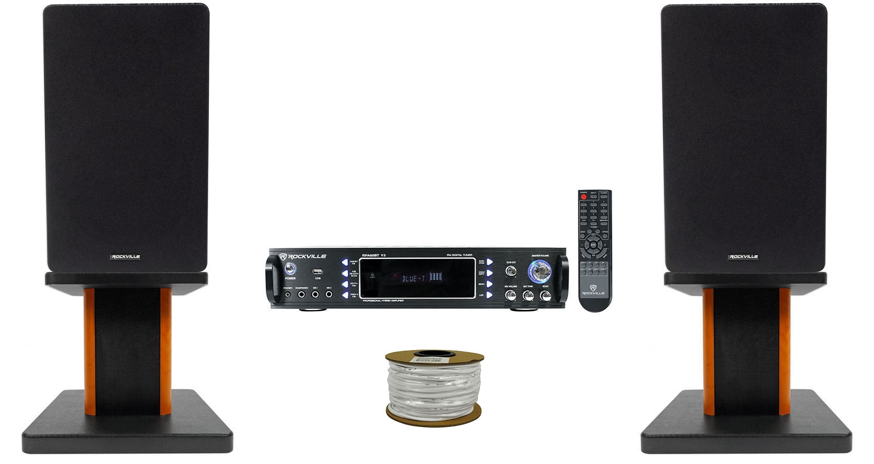 Rockville RPA60BT Receiver+(2) 6.5" Black Bookshelf Speakers+8" Wood Stands + Rockville R14GSBR100 Red/Blk 14 Gauge 100' Ft. Mini Spool Car Audio Speaker Wire