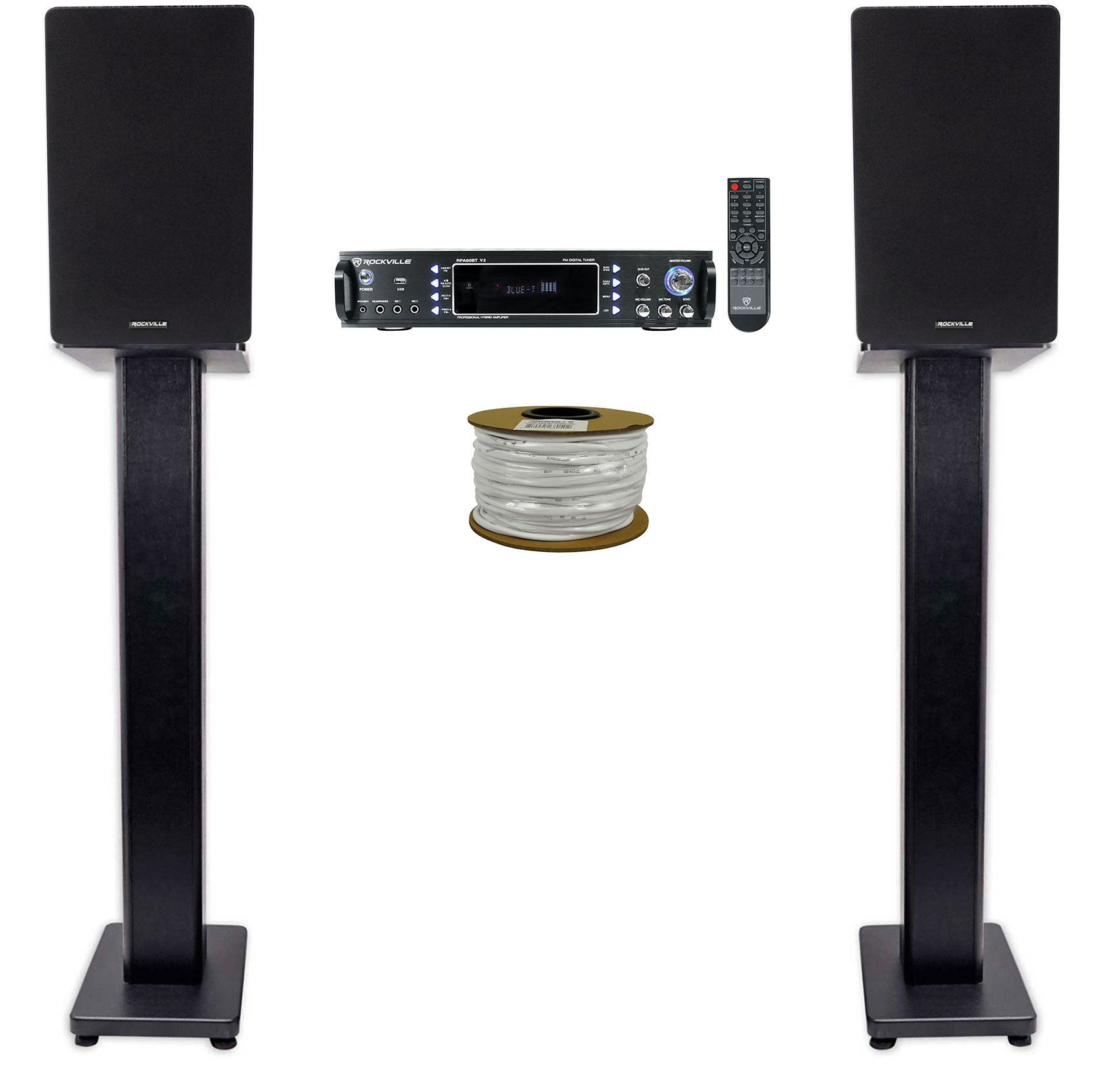 Rockville RPA60BT Receiver+(2) 6.5" Black Bookshelf Speakers+Black 36" Stands + Rockville R14GSBR100 Red/Blk 14 Gauge 100' Ft. Mini Spool Car Audio Speaker Wire