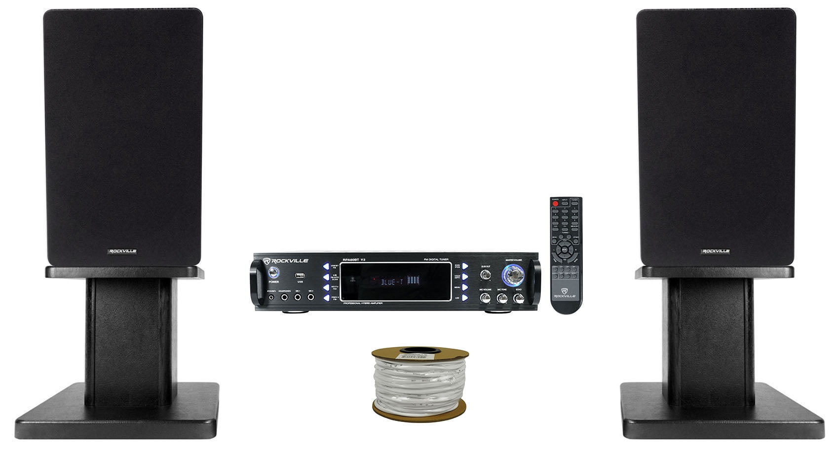 Rockville RPA60BT Receiver+(2) 6.5" Black Bookshelf Speakers+Black 8" Stands + Rockville R14GSBR100 Red/Blk 14 Gauge 100' Ft. Mini Spool Car Audio Speaker Wire