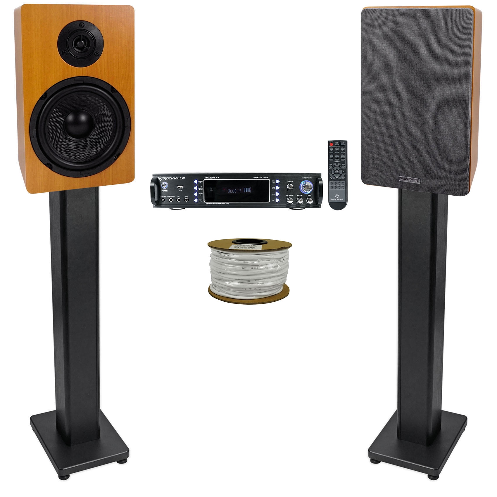 Rockville RPA60BT Receiver+(2) 6.5" Wood Bookshelf Speakers+36" Wood Stands + Rockville R14GSBR100 Red/Blk 14 Gauge 100' Ft. Mini Spool Car Audio Speaker Wire