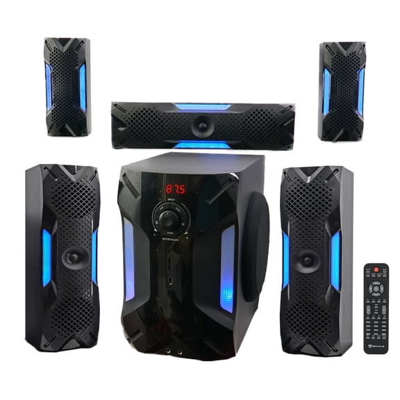 Rockville HTS56 5.1 Channel Home Theater System with LED Light Effects and Optical Input 1000W Peak Power Surround Sound Black