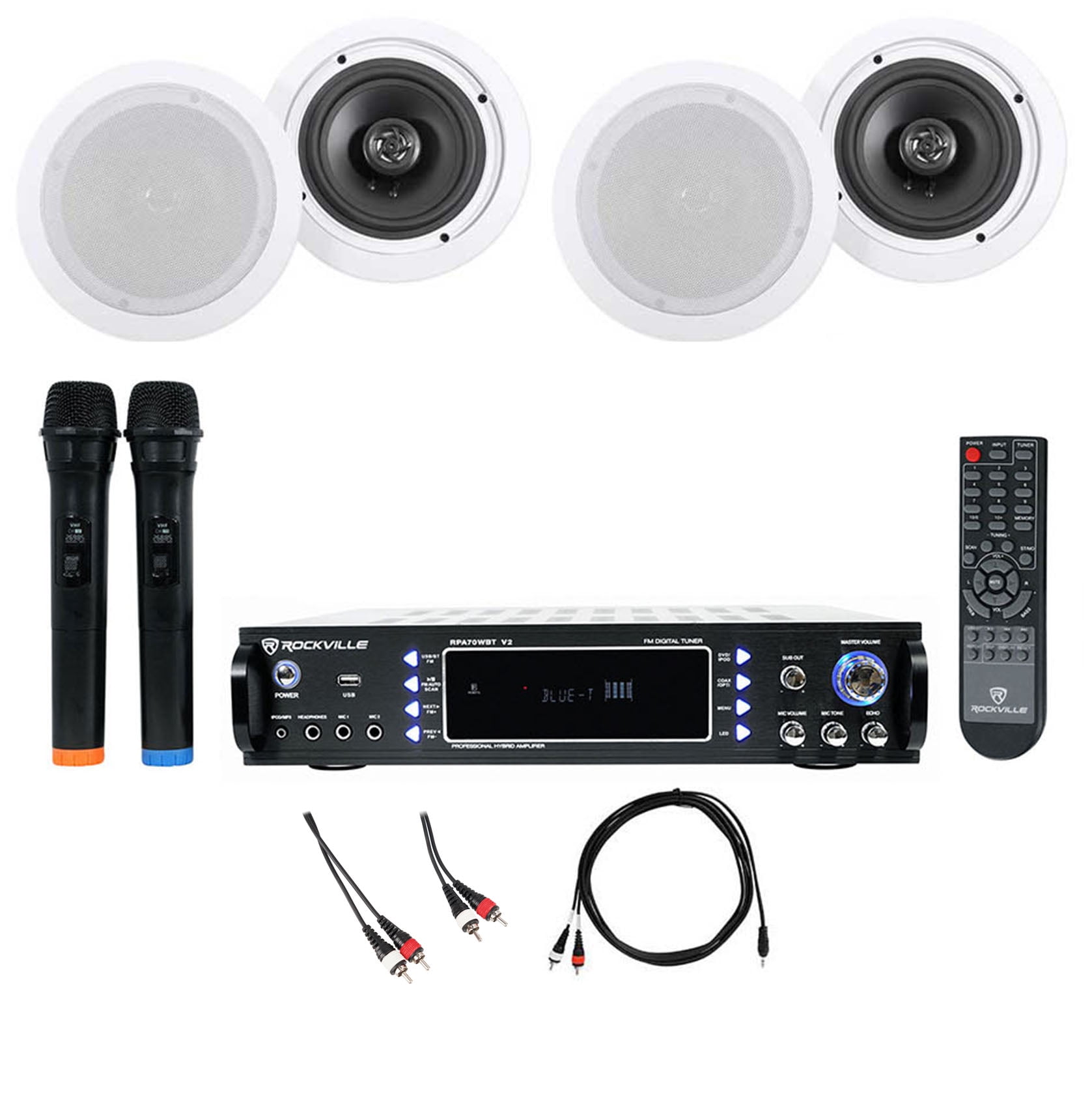 Rockville RPA70WBT Bluetooth Karaoke Amplifier+(4) 6.5" Ceiling Speakers+Mics