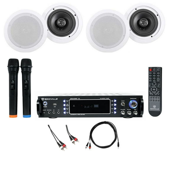 Rockville RPA70WBT Bluetooth Karaoke Amplifier+(4) 6.5" Ceiling Speakers+Mics