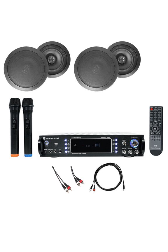 RPA70WBT Bluetooth Karaoke Amplifier+4) 8" Black Ceiling Speakers+Mics