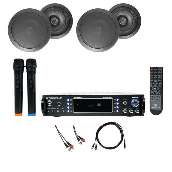 Rockville RPA70WBT Bluetooth Karaoke Amplifier+4) 8" Black Ceiling Speakers+Mics