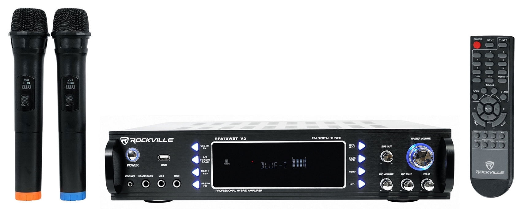 Rockville RPA70WBT Karaoke Amplifier Mixer, 2-Channel, 1000W Peak, Bluetooth/USB, Includes 2 Microphones