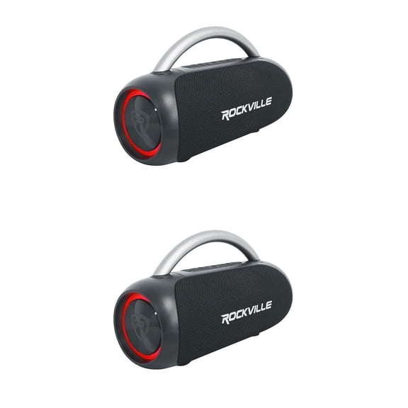 Rockville RPB-D3 30W Portable Bluetooth Speaker with IPX5 Water Resistance, LED Rings, USB, Aux, Mic, Black, 2-piece