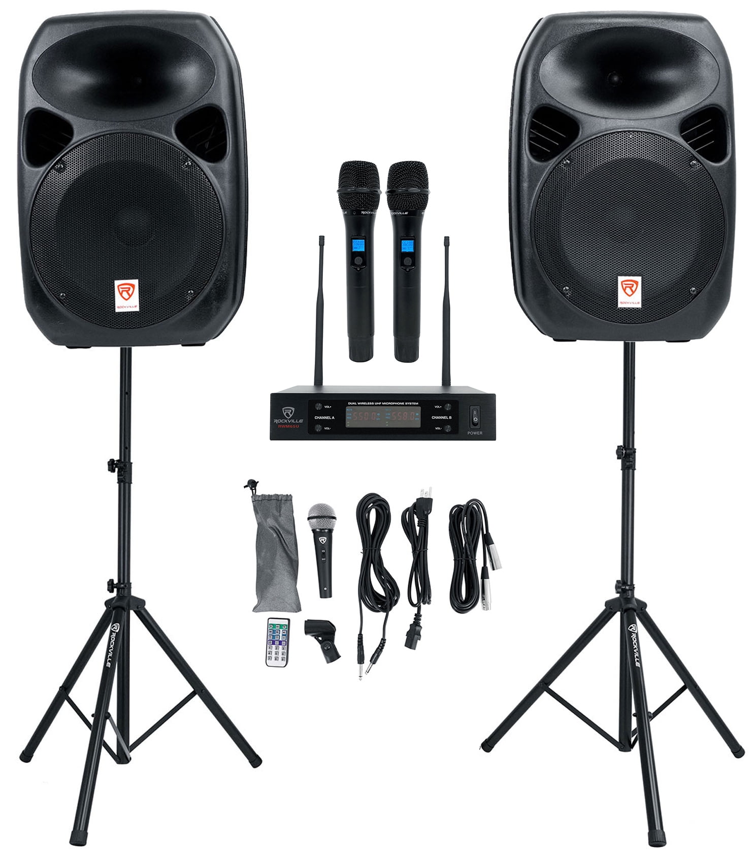 Rockville RPG122K 12" Powered Speakers w/Bluetooth+Dual UHF Wireless Mics+Stands