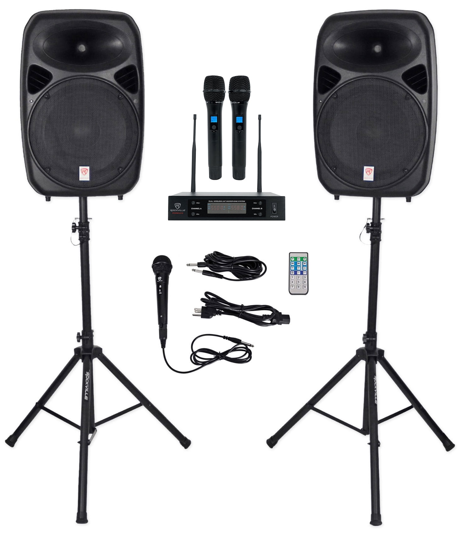 Rockville RPG152K 15" Powered Speakers w/Bluetooth+Dual UHF Wireless Mics+Stands