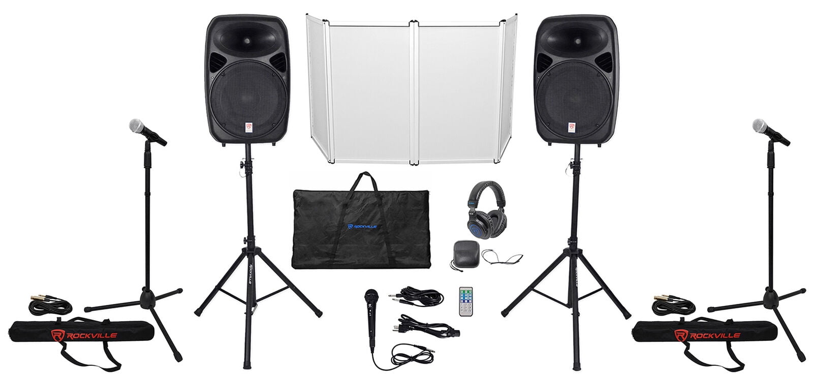 Rockville RPG152K (2) 15" PA DJ Bluetooth Speakers+Mics+Stands