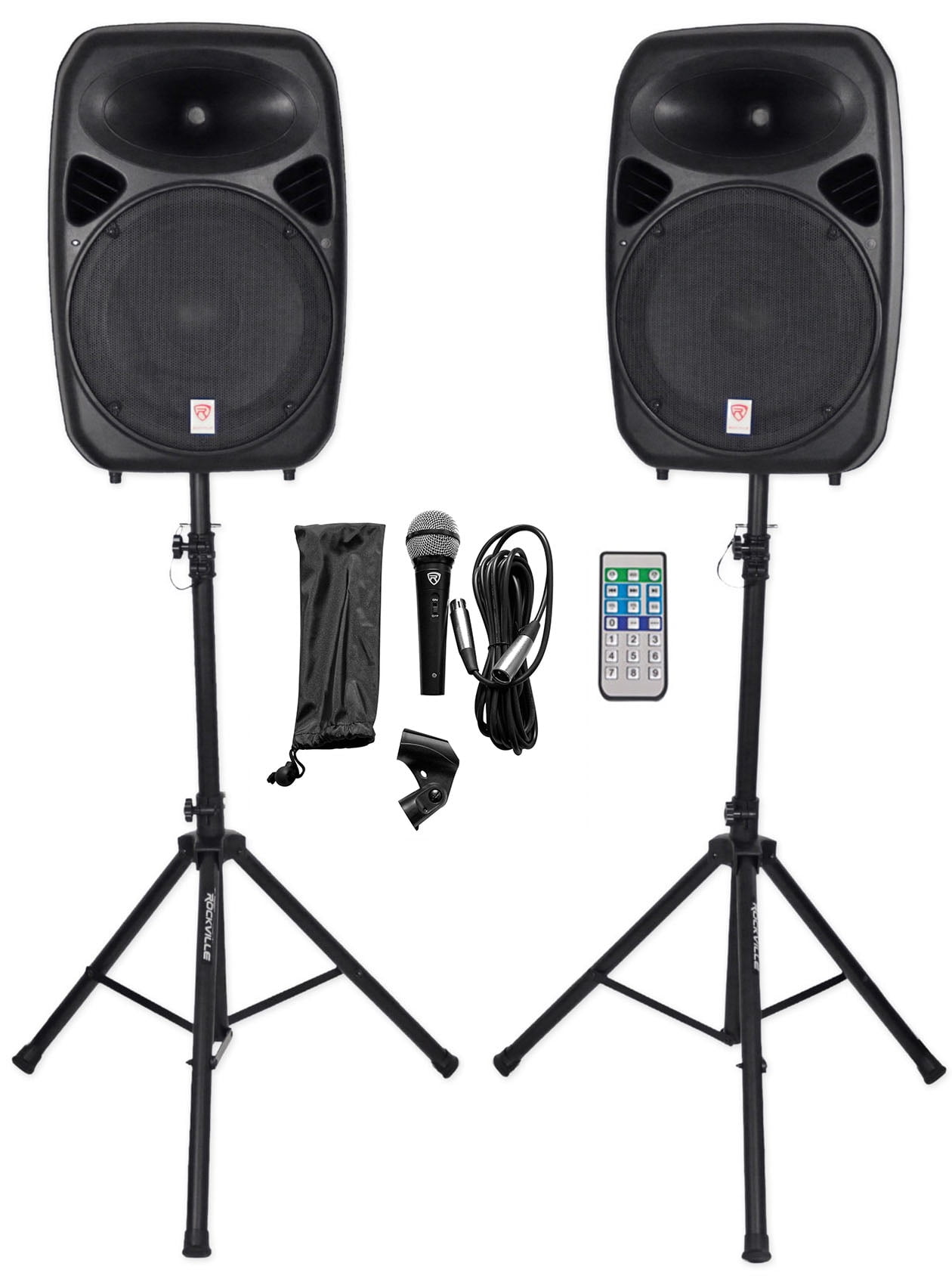 Rockville RPG152K Dual 15" Powered Speakers/Bluetooth +Mic+Speaker Stands+Cables