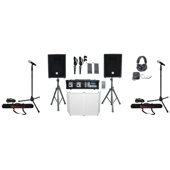 Rockville RPG2X10 Mixer/Amp+10" Bluetooth Speakers+Stands+Mics+Headphones+Facade