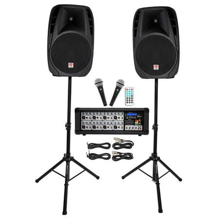 Rockville RPG2X15 Package PA System Mixer/Amp+15" Speakers+Stands+Mics+Bluetooth