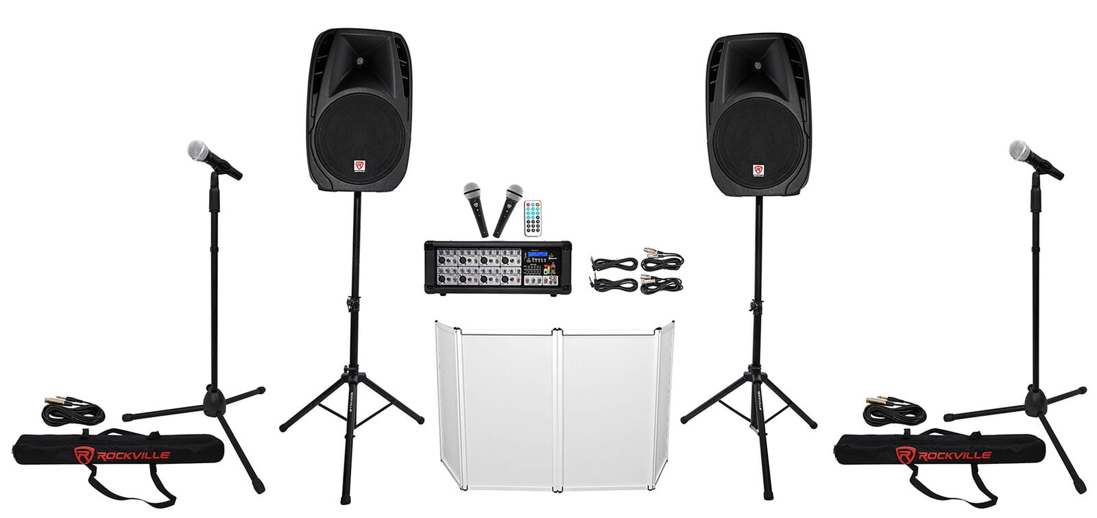 Rockville RPG2X15 PA System Mixer/Amp+15" Speakers+Stands+Mics