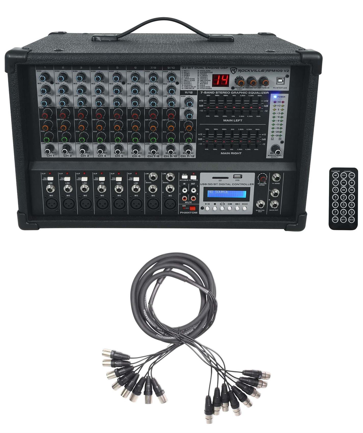 Rockville RPM109 12 Channel 4800w Powered Mixer , 7 Band EQ+8-Ch Snake Cable