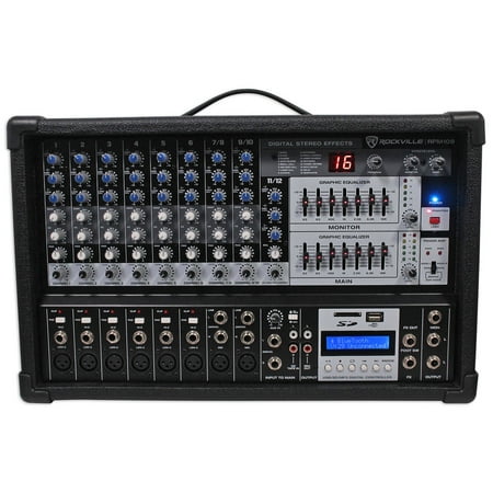 Rockville RPM109 12 Channel 4800w Powered Mixer, 7 Band EQ, Effects, USB, 48V