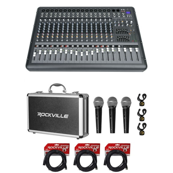 Rockville RPM1870 18 Channel 6000w Powered Mixer w/USB, Effects+3) Mics+Case