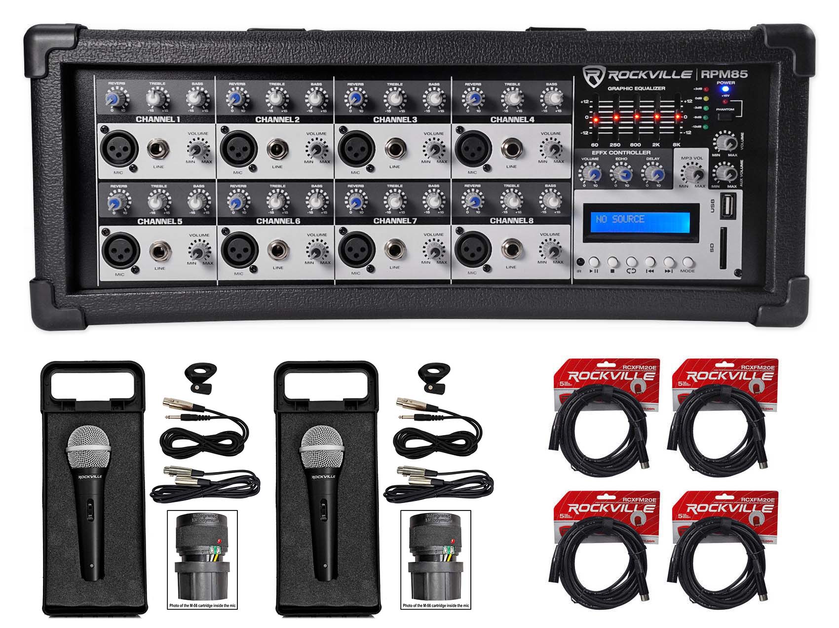 Rockville RPM85 2400w Powered 8-Ch. Pro Mixing Amplifier USB, 5 Band EQ, Effects
