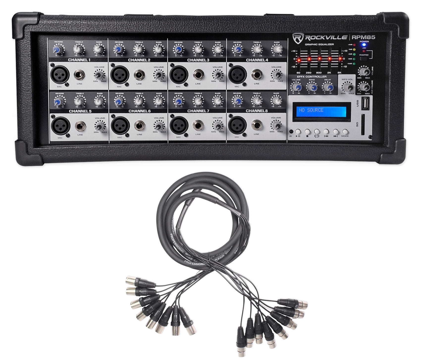 Rockville RPM85 2400w Powered 8-Channel Mixer, 5 Band EQ, Bluetooth+Snake Cable